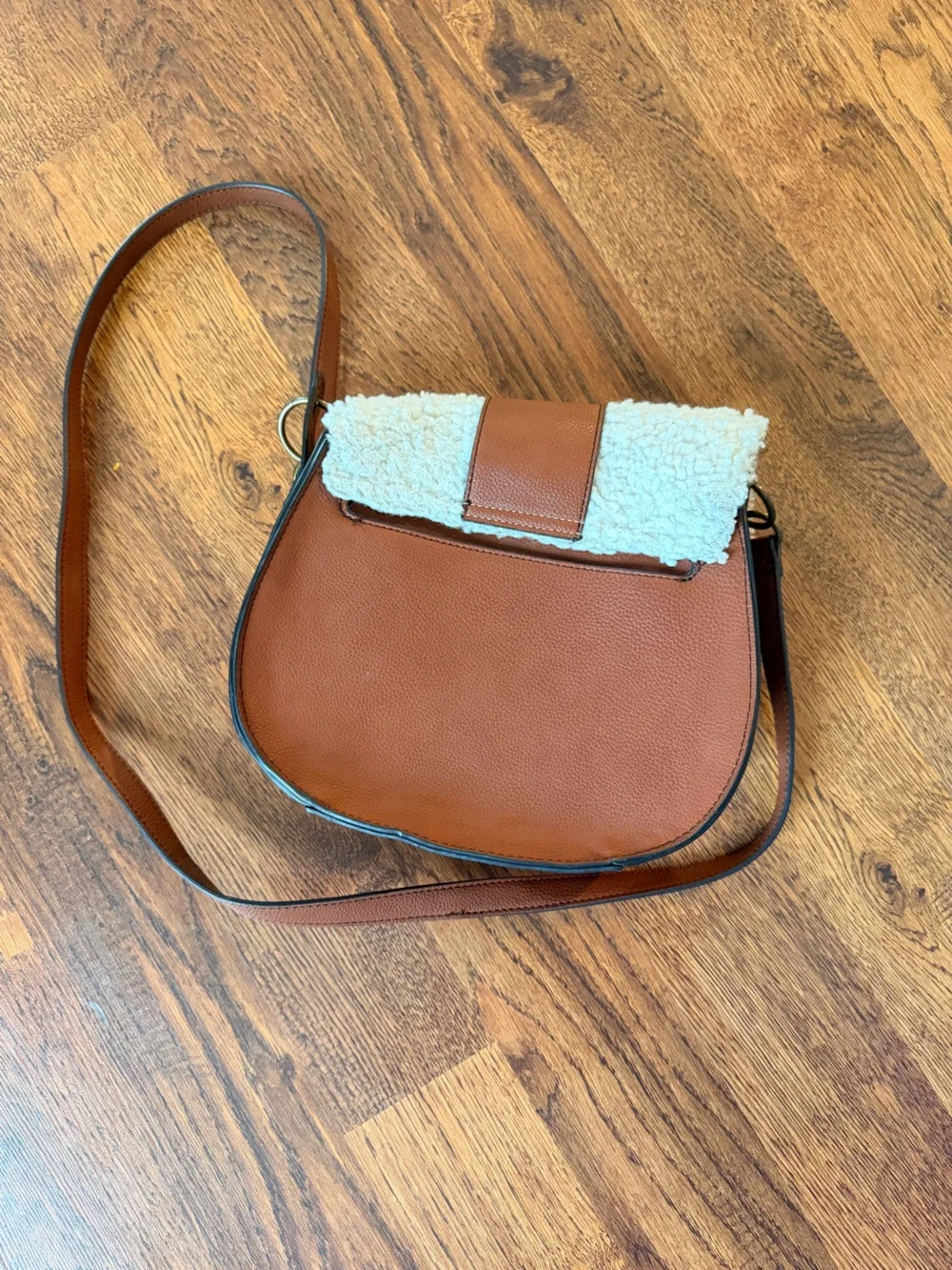 A.n.a Shearling Accent Brown Crossbody Bag with Gold Ring Detail
